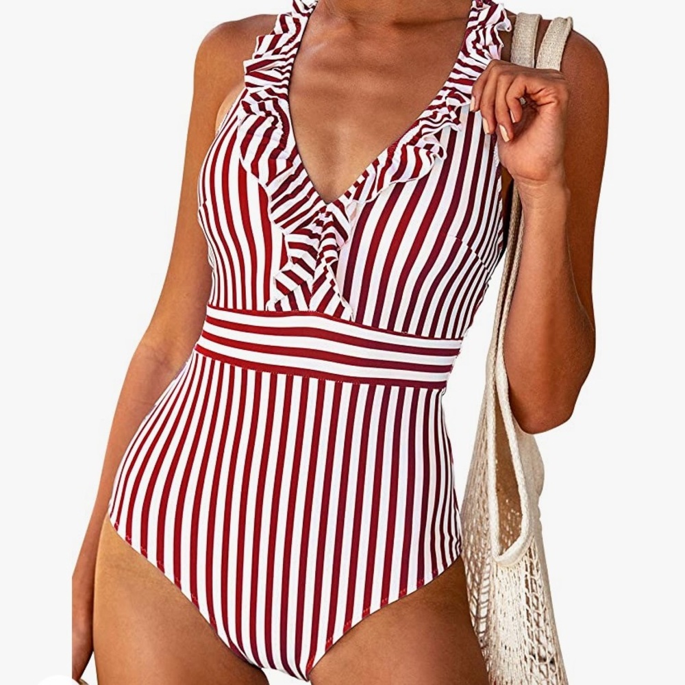 Red and white stripped Cupshe bathing suit with ruffles